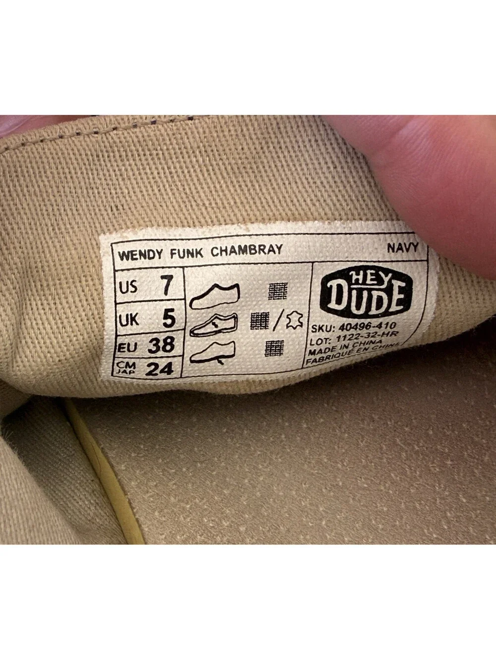 Hey Dude Wendy Funk Chambray Shoes Size 7 Blue Logo Heel Design Slip Ons